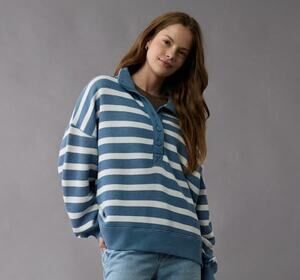 American Eagle Big Hug Striped Henley Sherpa Sweatshirt XXS Oversized Cozy Soft